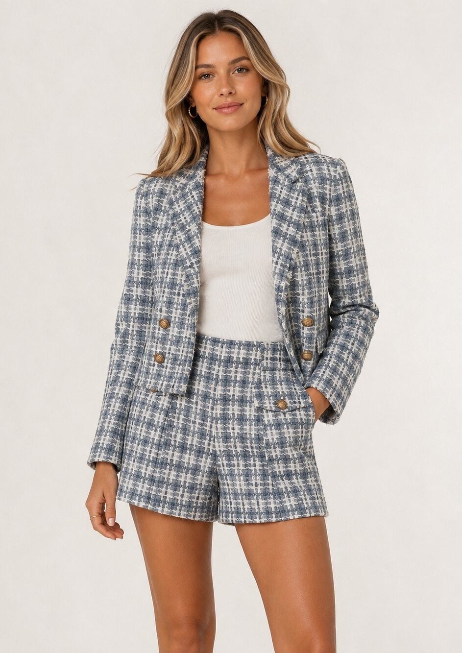 Haute Monde Blue White Tweed Blazer Shorts Suit Gold Buttons Matching Size Large
